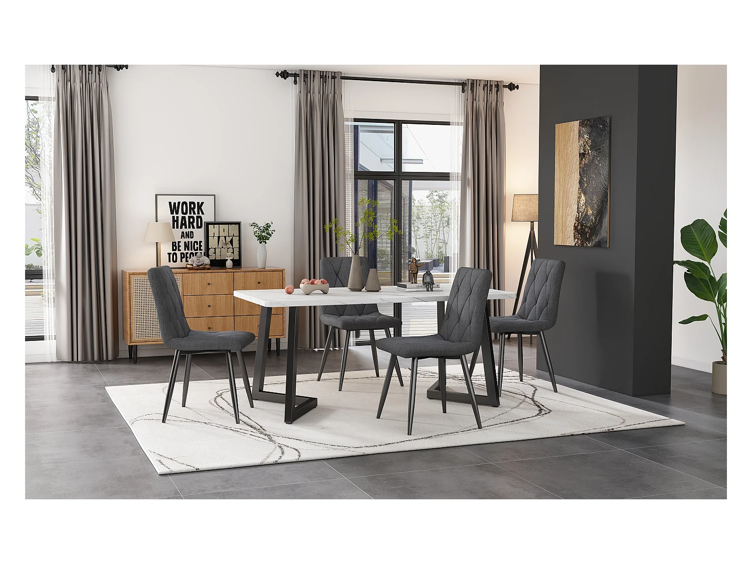 Conjunto de 4 sillas de comedor de diseño en tejido de lino gris oscuro con cómodo respaldo de metal 45x40x86 cm
