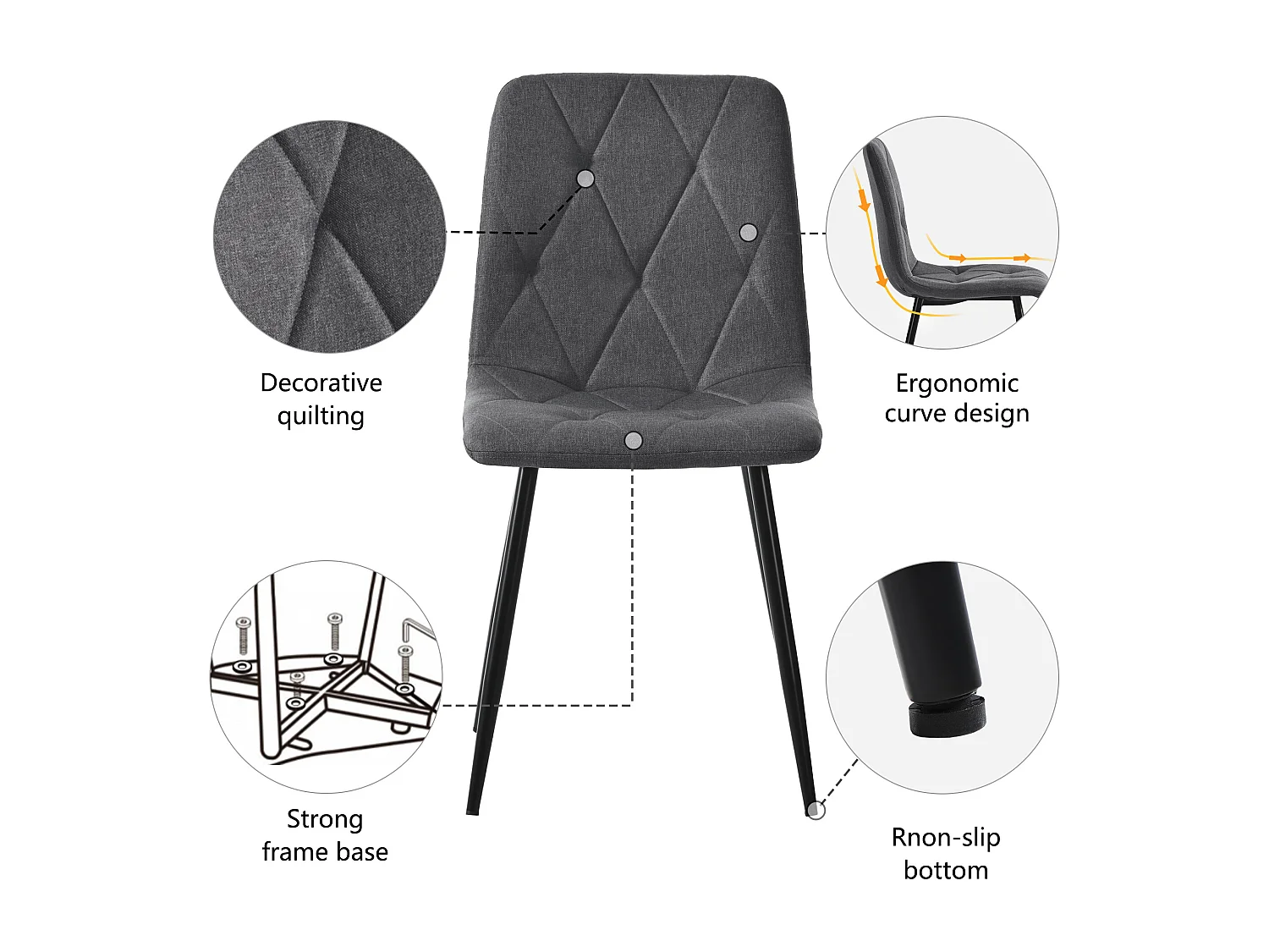 Lotto 4 chaise longue salle à manger design tessuto lin gris foncé dossier métal confort 45x40x86 cm