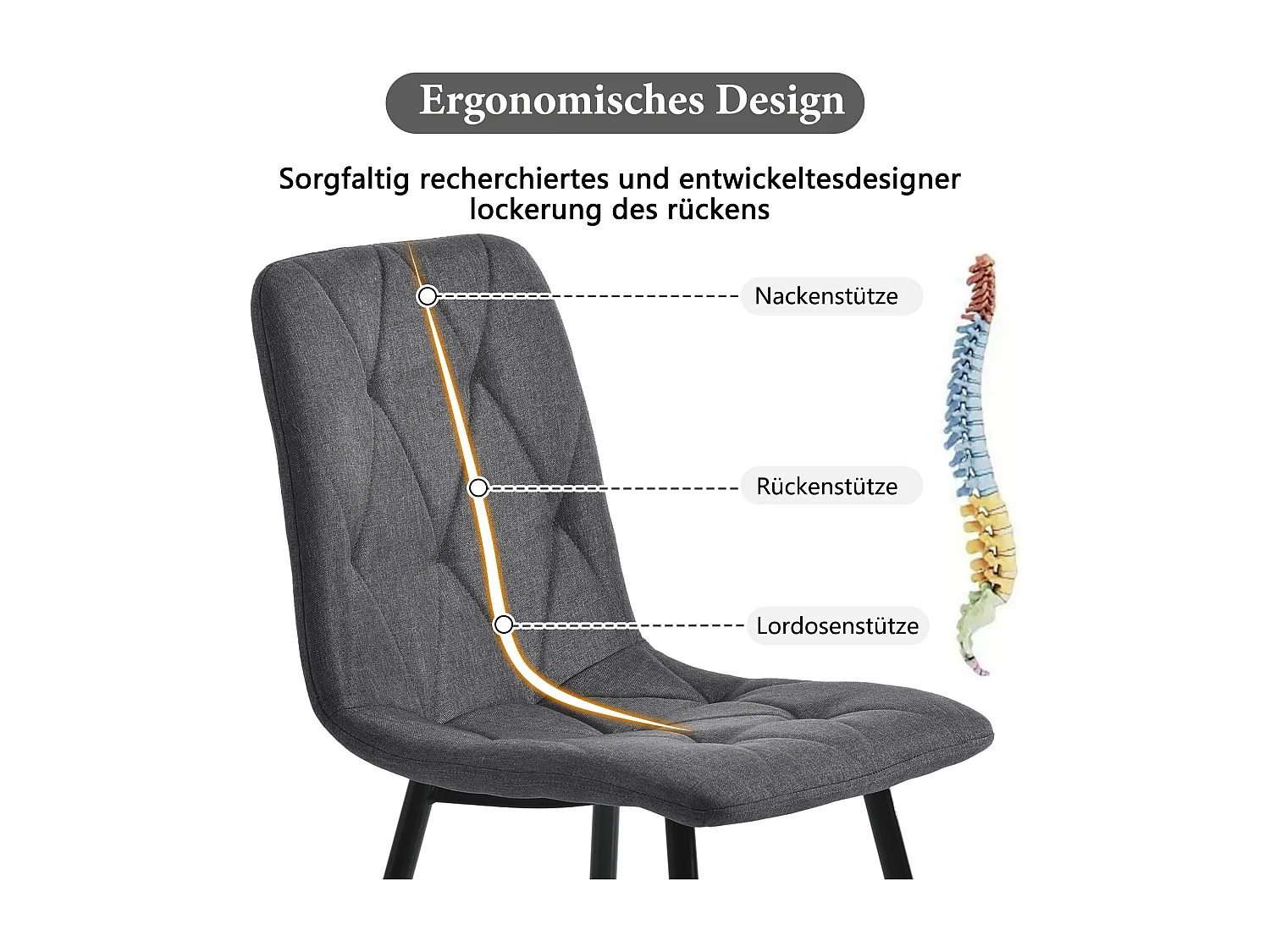 Lotto 4 chaise longue salle à manger design tessuto lin gris foncé dossier métal confort 45x40x86 cm