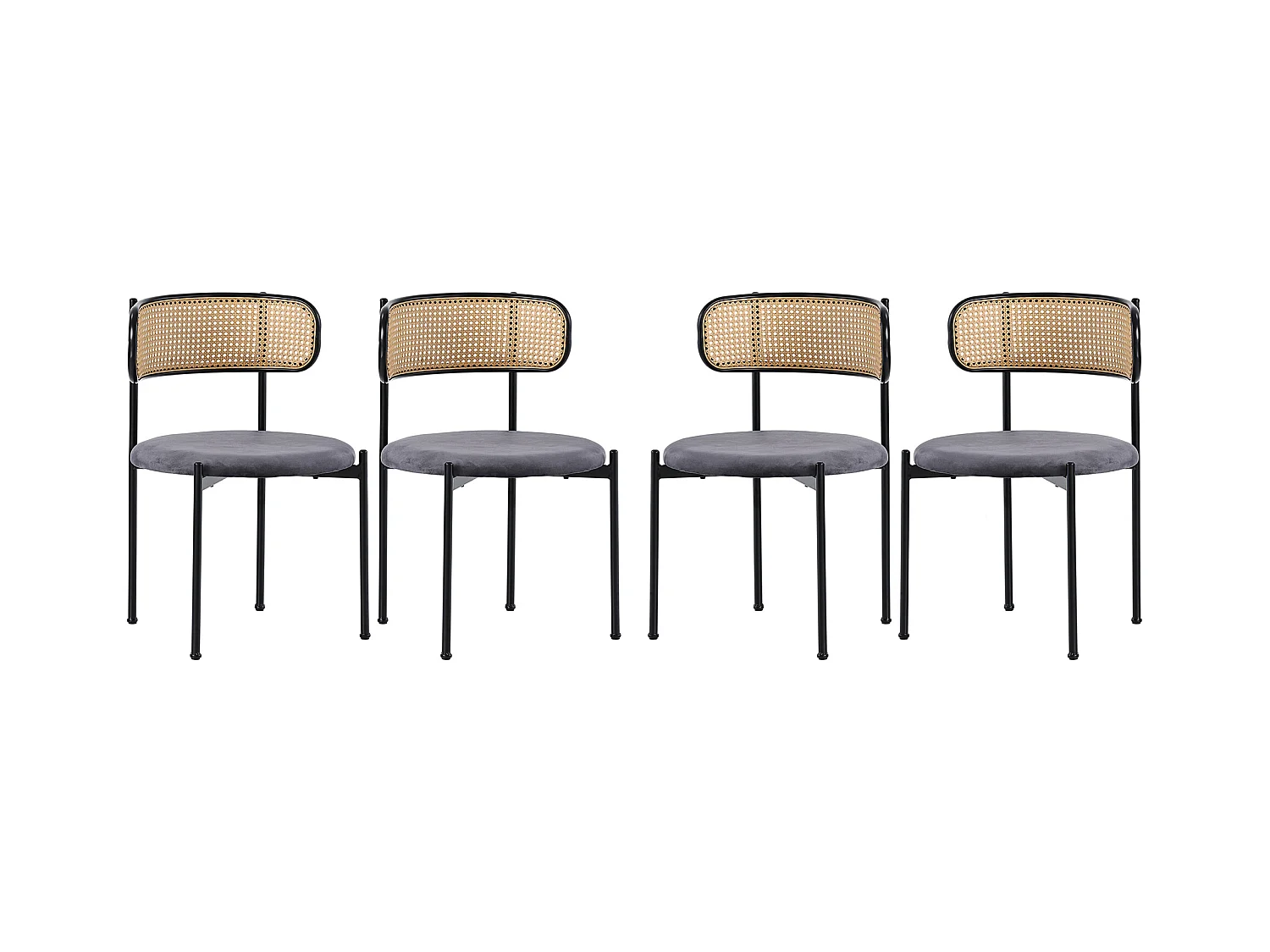 Silla de comedor de terciopelo gris con respaldo de ratán y patas de metal, silla de sala de estar moderna