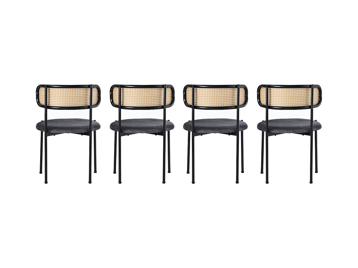 Silla de comedor de terciopelo gris con respaldo de ratán y patas de metal, silla de sala de estar moderna