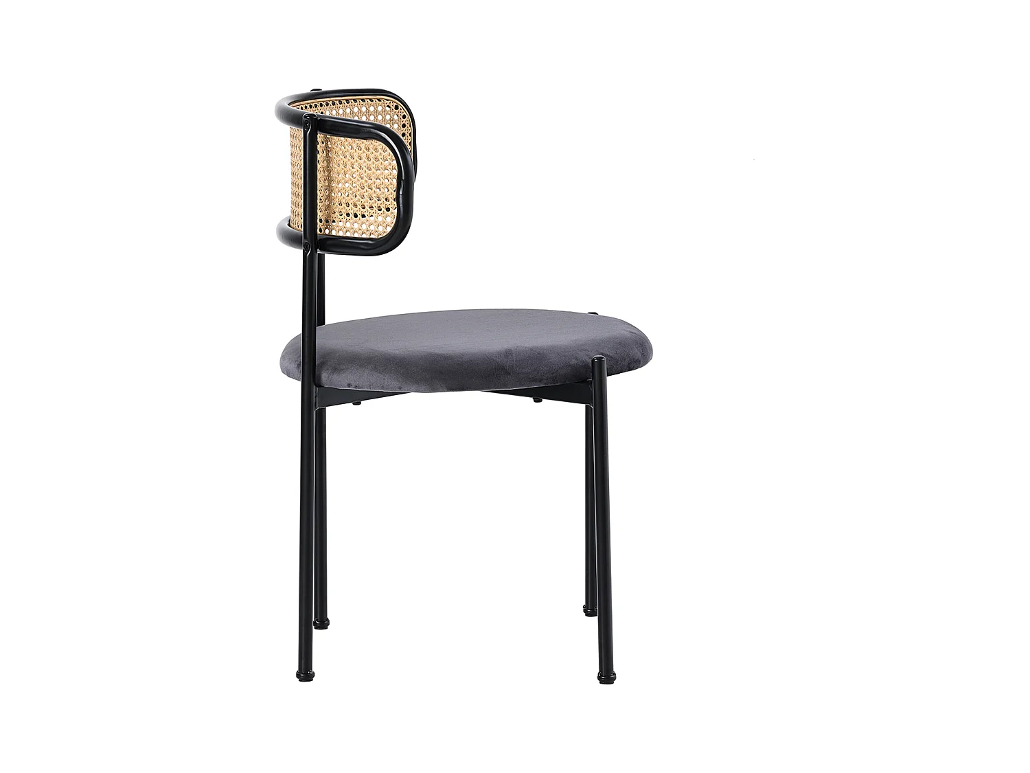 Silla de comedor de terciopelo gris con respaldo de ratán y patas de metal, silla de sala de estar moderna