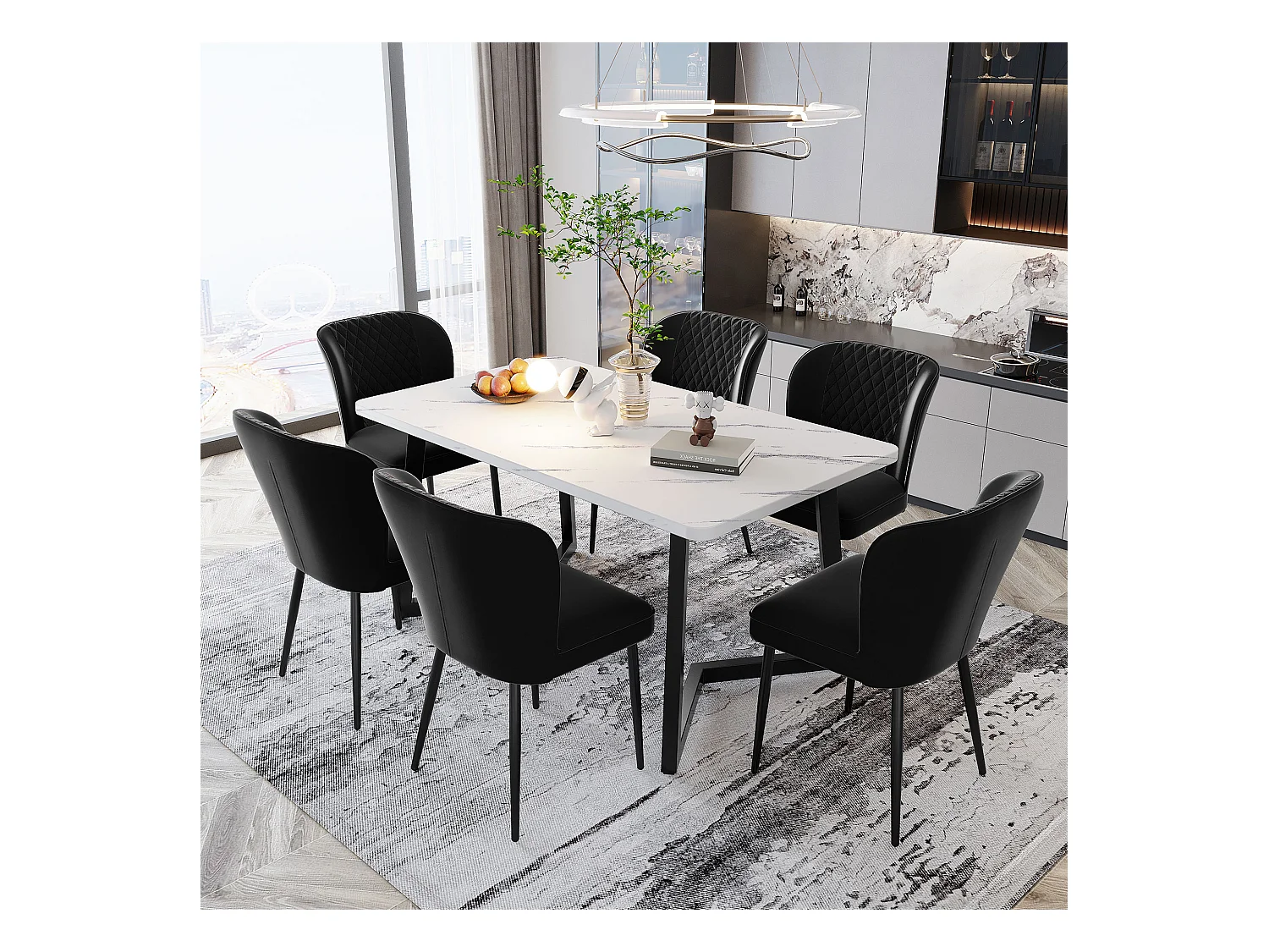 Silla de comedor de terciopelo negro con cómodo respaldo alto y moderna estructura de metal, 47 x 43 x 86 cm, juego de 6