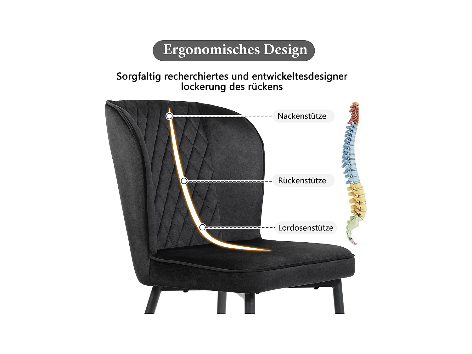 Silla de comedor de terciopelo negro con cómodo respaldo alto y moderna estructura de metal, 47 x 43 x 86 cm, juego de 6