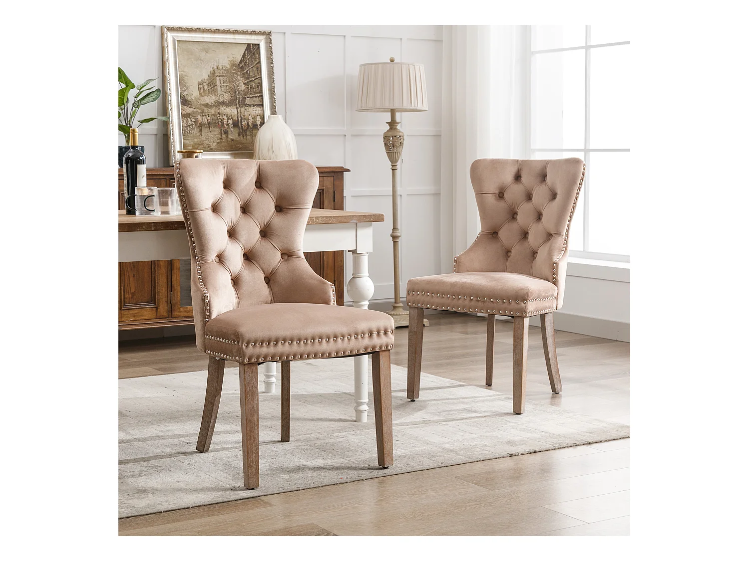 Chaise salle à manger velours avec pieds bois massif repose-pieds arredamento regolabile clous brun café lot de 2