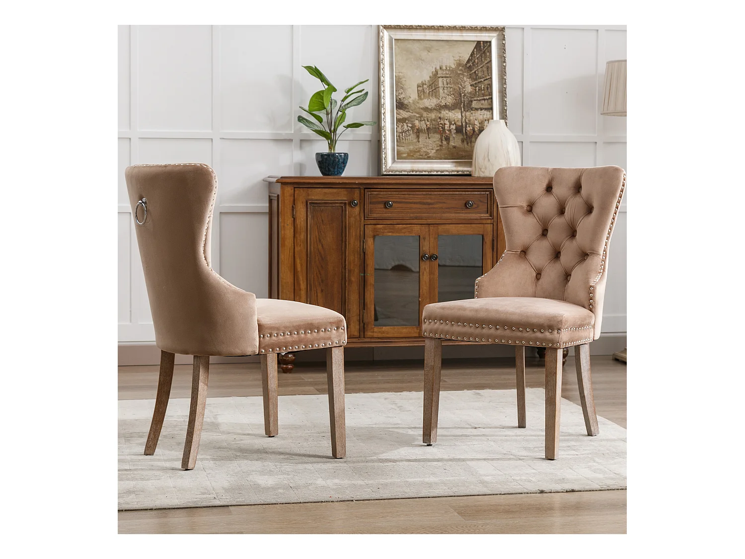 Chaise salle à manger velours avec pieds bois massif repose-pieds arredamento regolabile clous brun café lot de 2