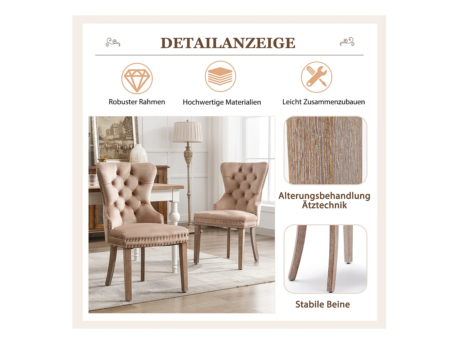 Chaise salle à manger velours avec pieds bois massif repose-pieds arredamento regolabile clous brun café lot de 2