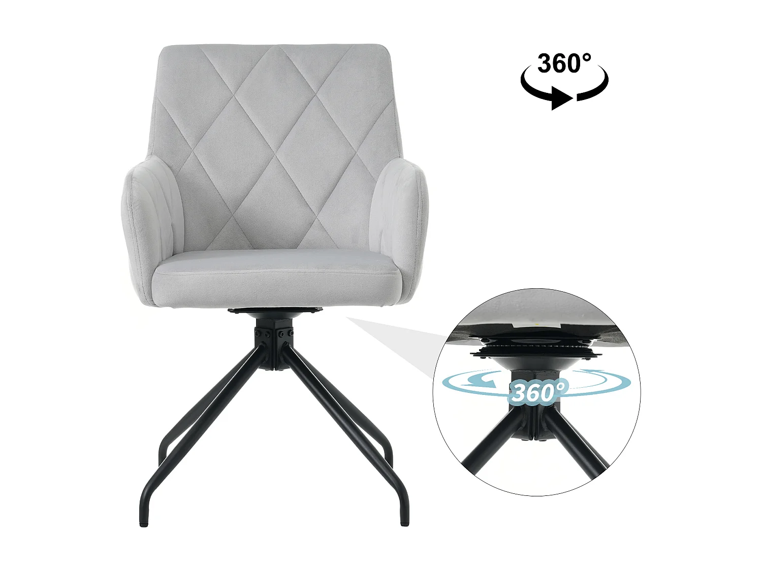 Silla giratoria de 360° de terciopelo gris con respaldo de diamante y patas de metal ajustables para sala de estar, oficina y salón, juego de 4