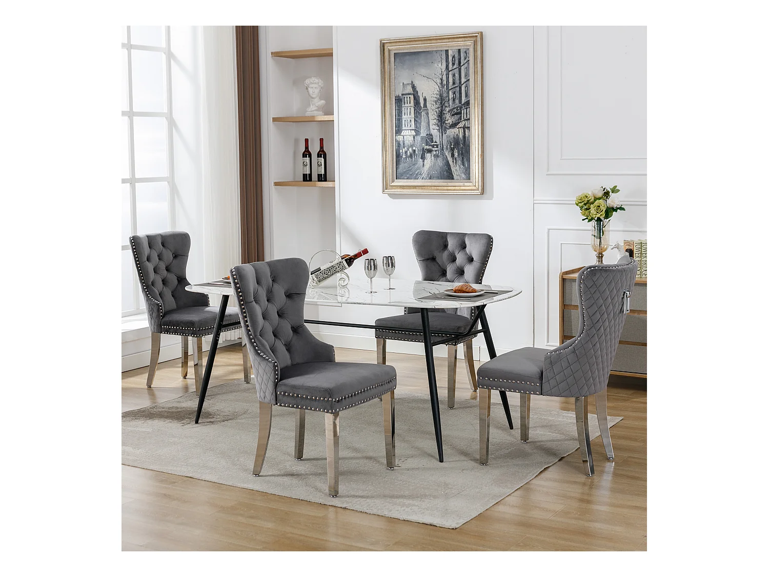 Cadeira de jantar de veludo com pernas de metal, design elegante, confortável para cozinha e sala de estar, cinza, conjunto de 4