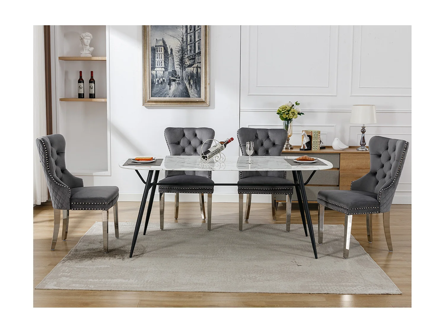 Cadeira de jantar de veludo com pernas de metal, design elegante, confortável para cozinha e sala de estar, cinza, conjunto de 4