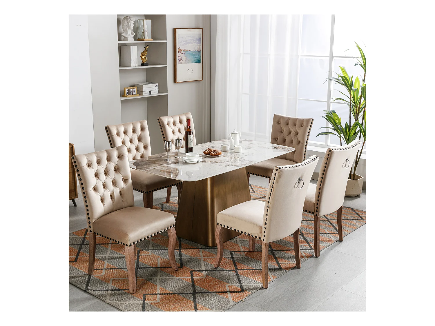 Cadeira de jantar em veludo camelo com encosto e argola decorativa cravejada, pernas em madeira maciça, 49x63x95 cm, conjunto de 6