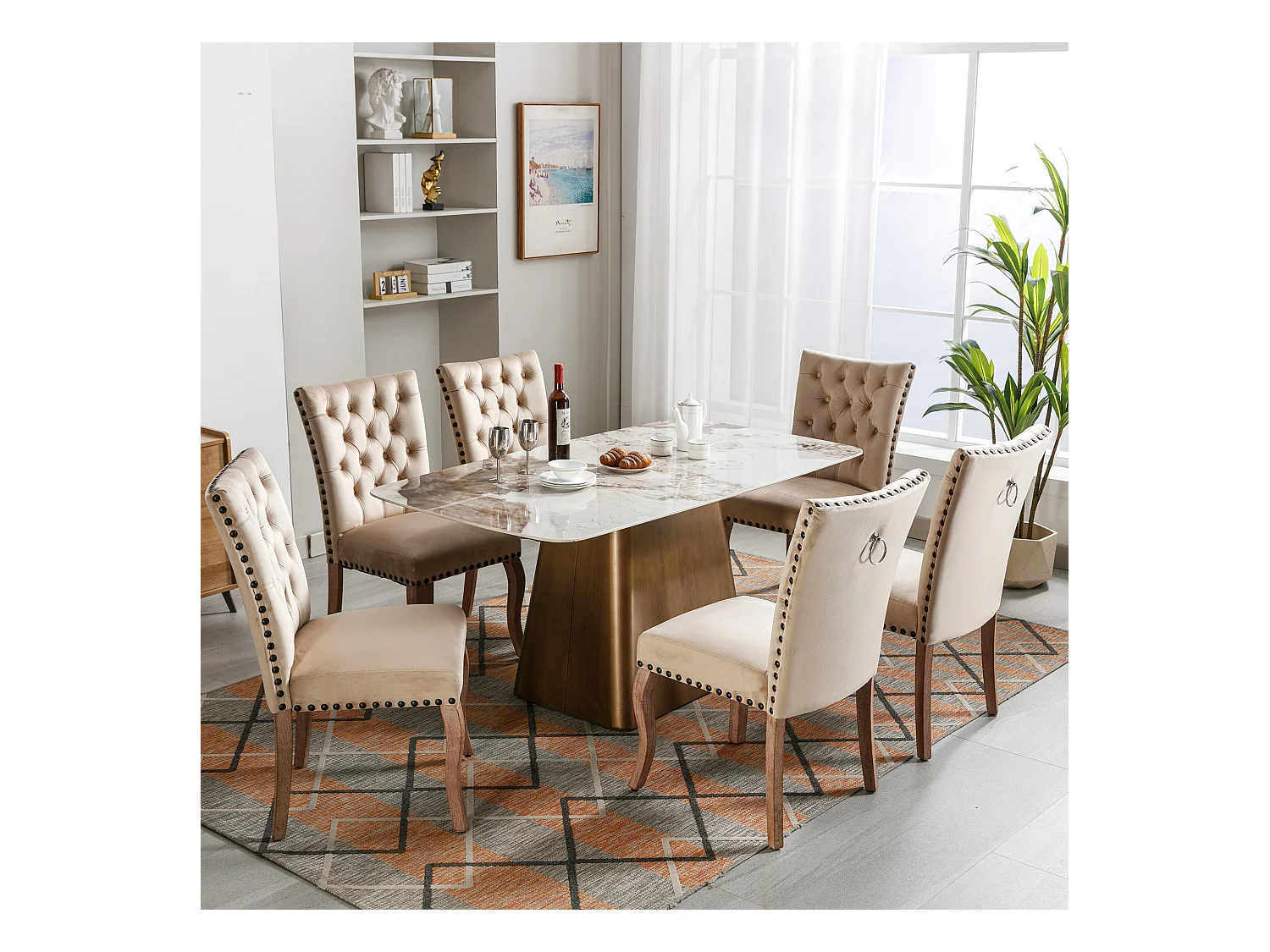 Cadeira de jantar em veludo camelo com encosto e argola decorativa cravejada, pernas em madeira maciça, 49x63x95 cm, conjunto de 6