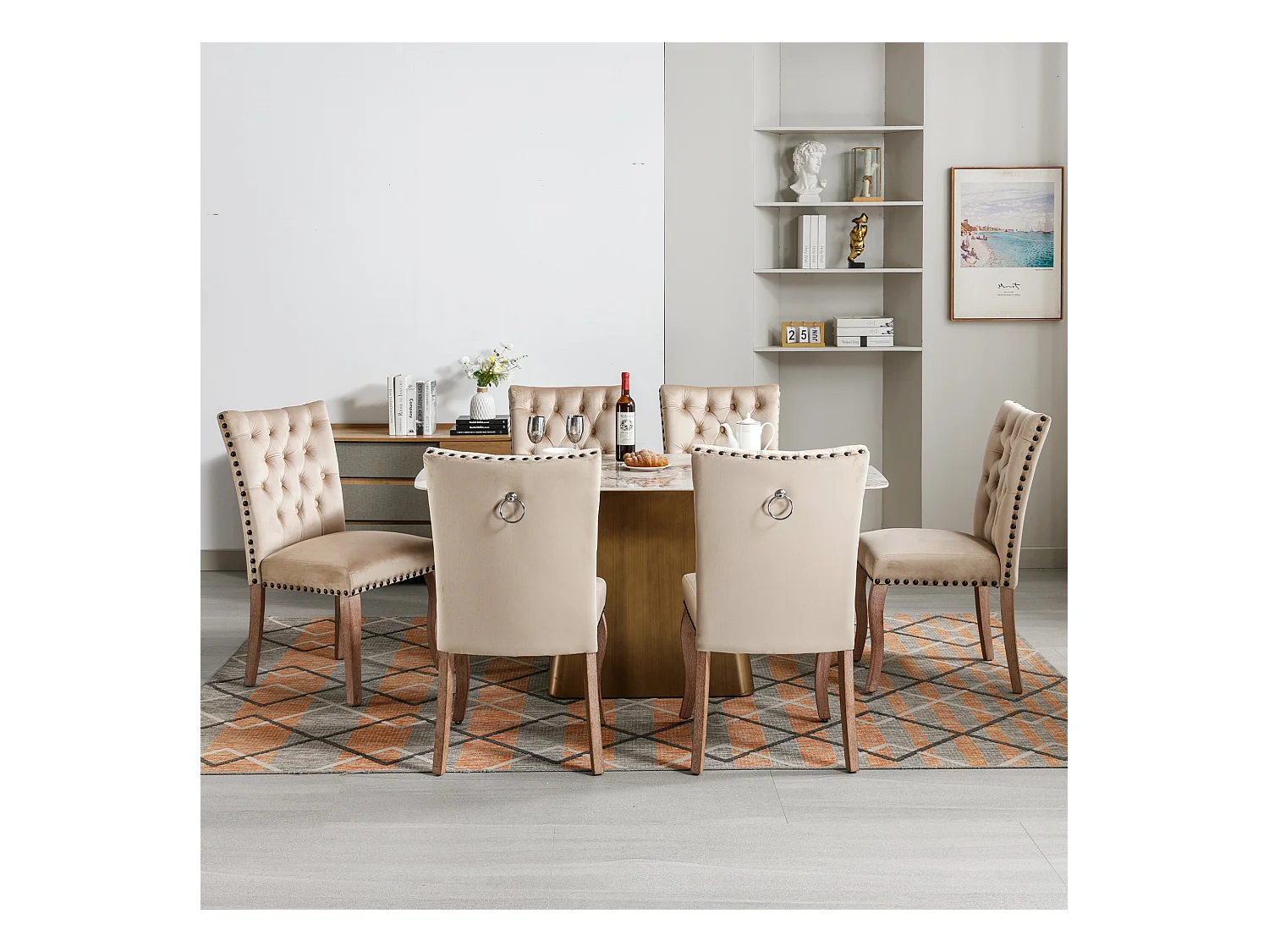 Cadeira de jantar em veludo camelo com encosto e argola decorativa cravejada, pernas em madeira maciça, 49x63x95 cm, conjunto de 6