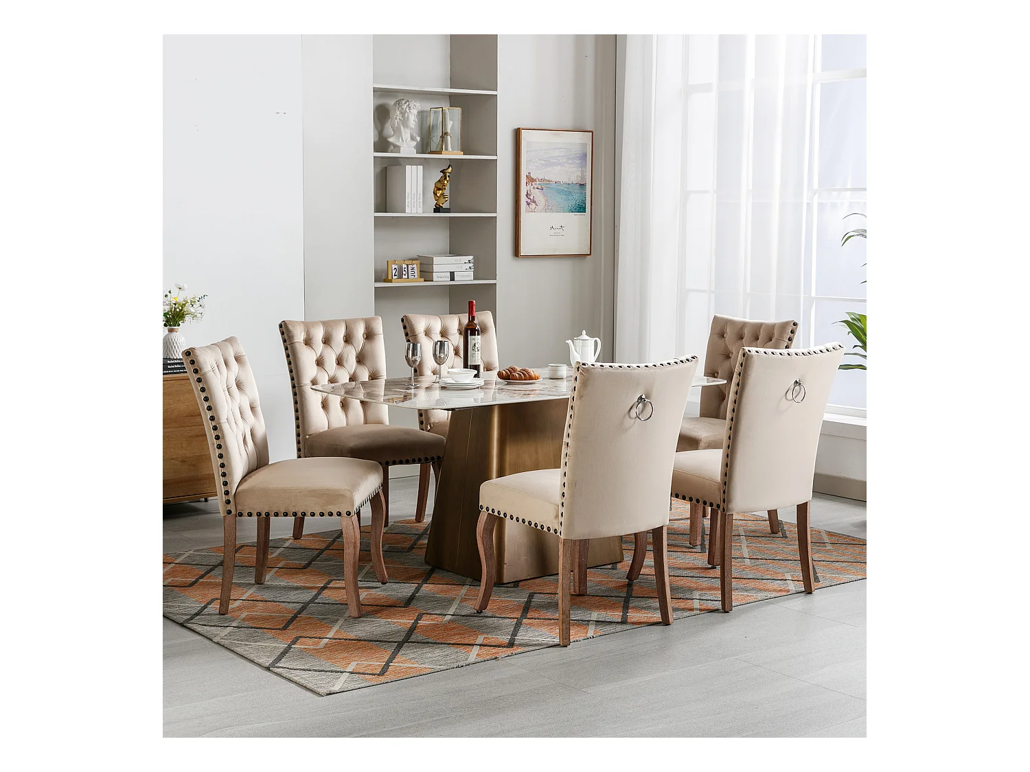 Cadeira de jantar em veludo camelo com encosto e argola decorativa cravejada, pernas em madeira maciça, 49x63x95 cm, conjunto de 6