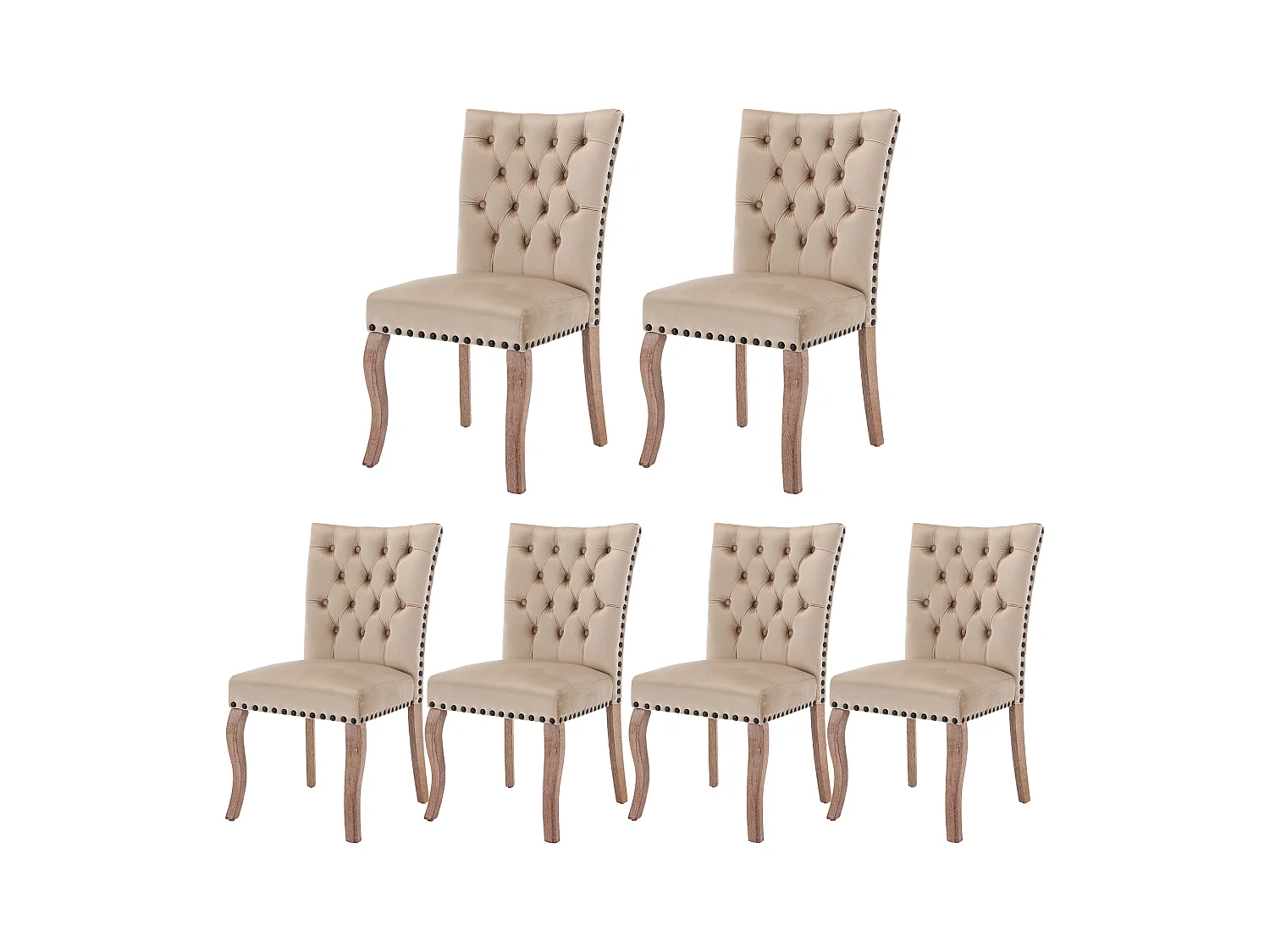 Cadeira de jantar em veludo camelo com encosto e argola decorativa cravejada, pernas em madeira maciça, 49x63x95 cm, conjunto de 6