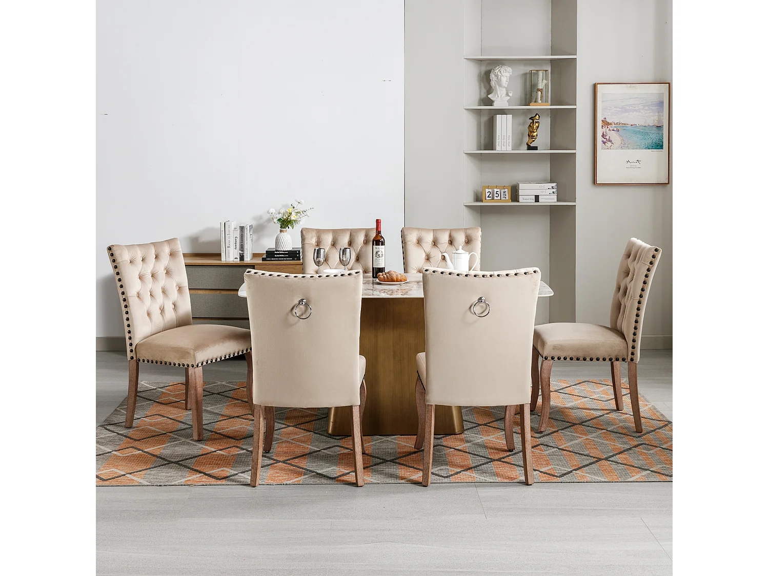 Cadeira de jantar em veludo camelo com encosto e argola decorativa cravejada, pernas em madeira maciça, 49x63x95 cm, conjunto de 6