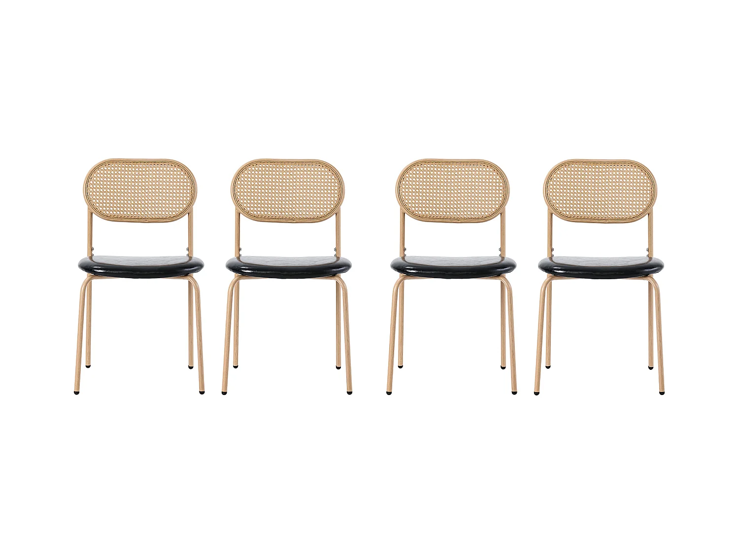 Cadeira de jantar de vime com encosto oval e assento de PU e pernas de metal, estilo retrô, preto e marrom