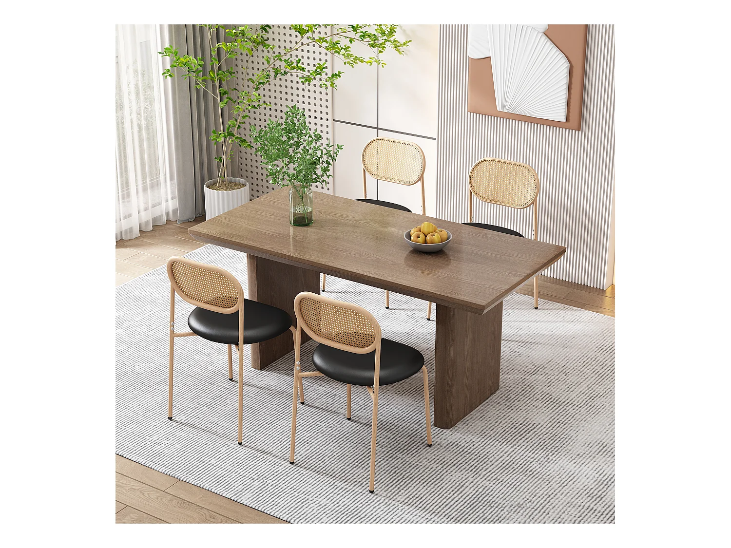 Chaise Salle à Manger in Rotin dossier ovale assise PU pieds metal style rétro noir et marron