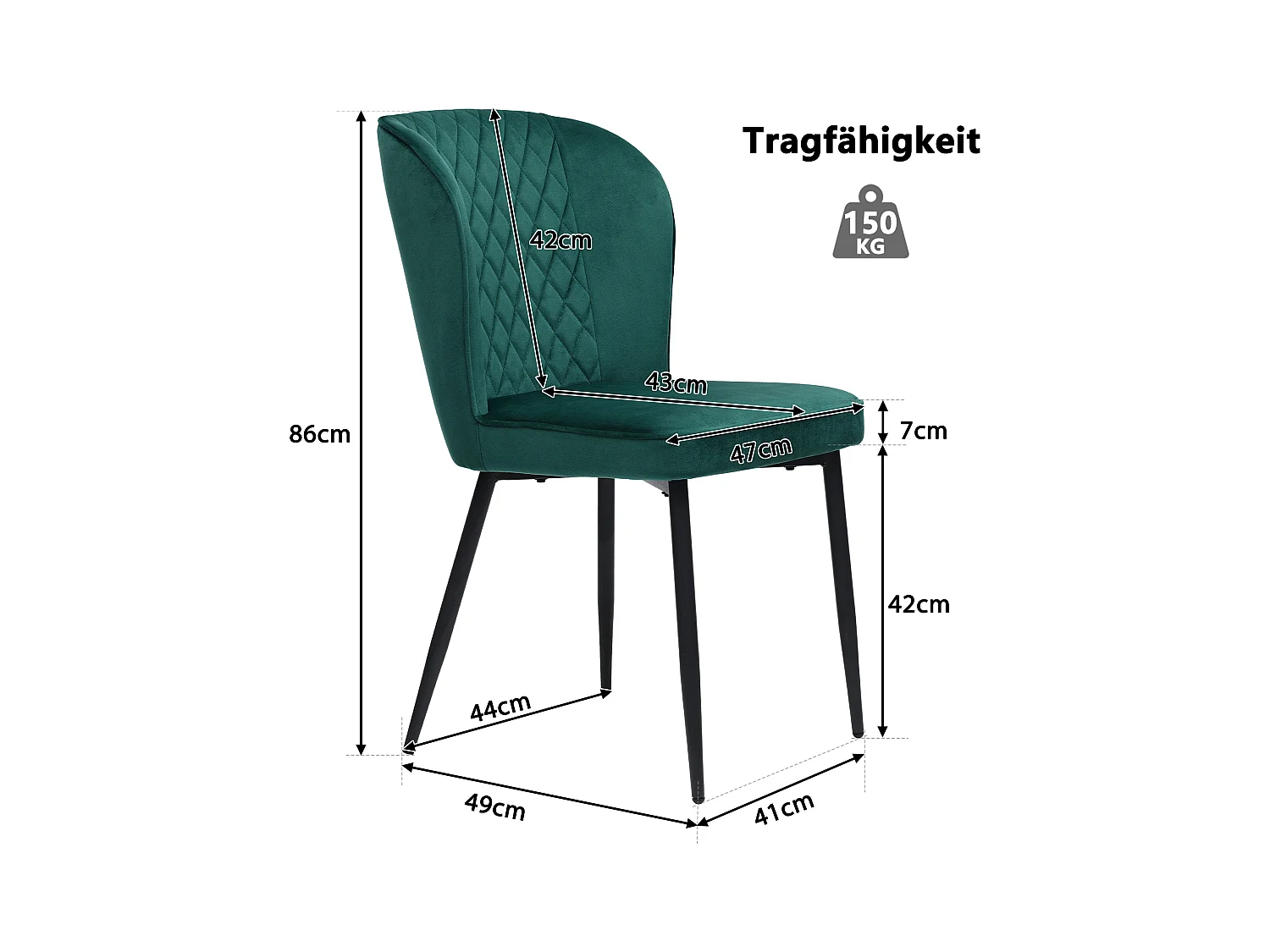 Silla de comedor de terciopelo verde oscuro, respaldo ergonómico, asiento de espuma, estructura de metal, 47 x 43 x 86 cm, juego de 4