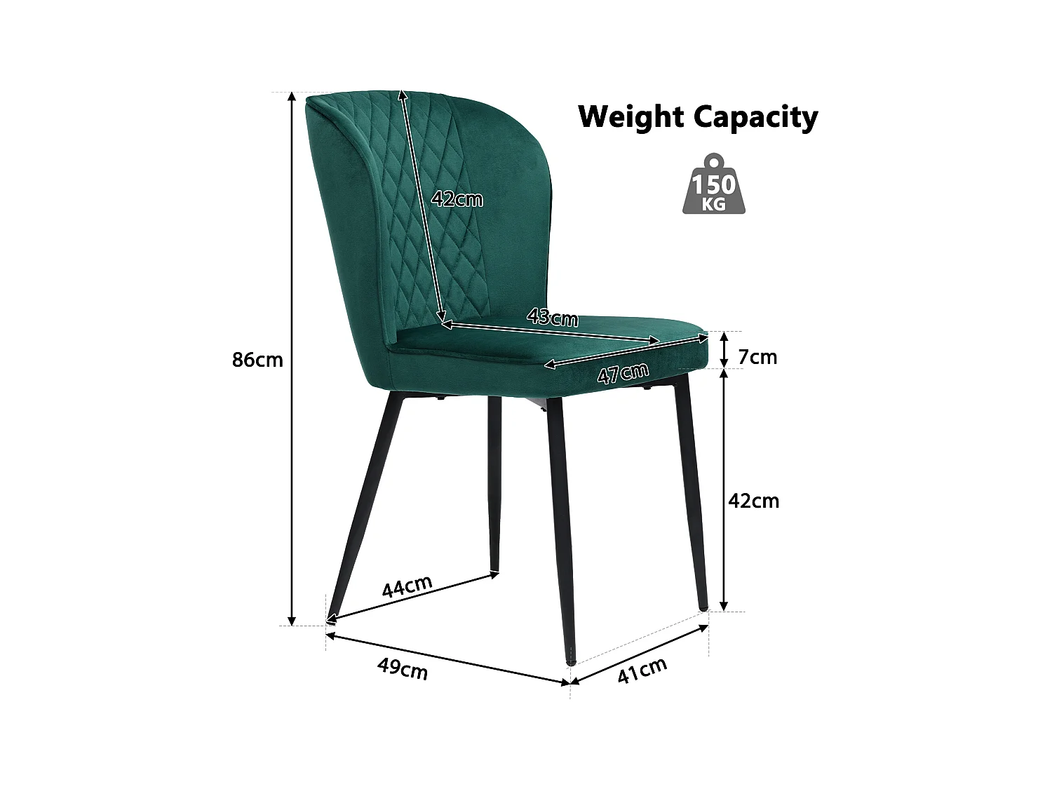 Silla de comedor de terciopelo verde oscuro, respaldo ergonómico, asiento de espuma, estructura de metal, 47 x 43 x 86 cm, juego de 4
