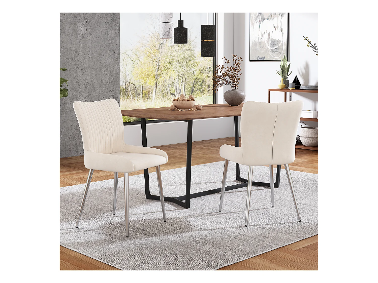 Cadeira de jantar de veludo bege com pernas de metal prateado e apoio lombar para sala de estar e quarto, conjunto de 2