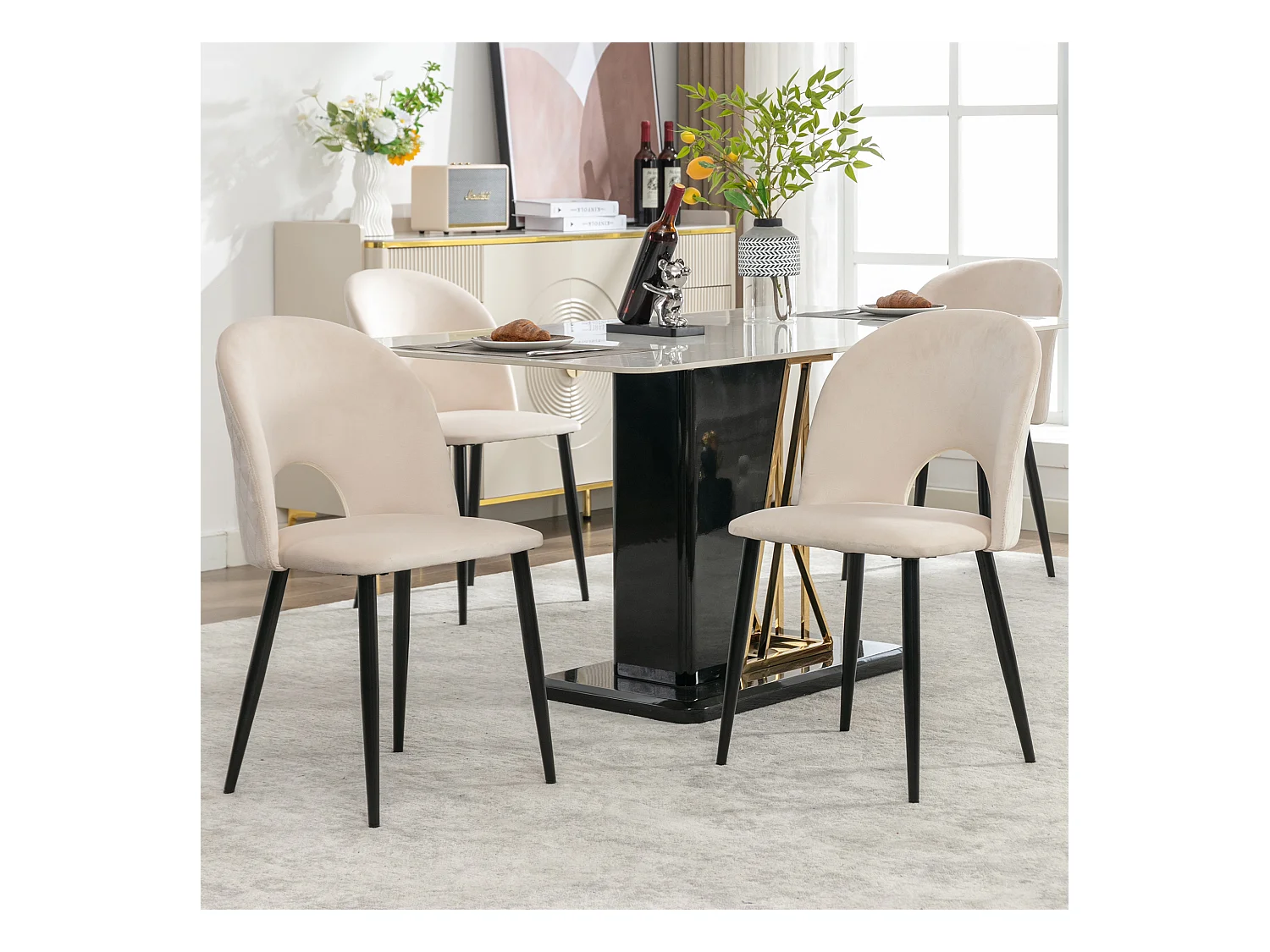 Cadeira de jantar de veludo bege com encosto e pernas ajustáveis, design diamante, para cozinha e sala de estar, conjunto de 4
