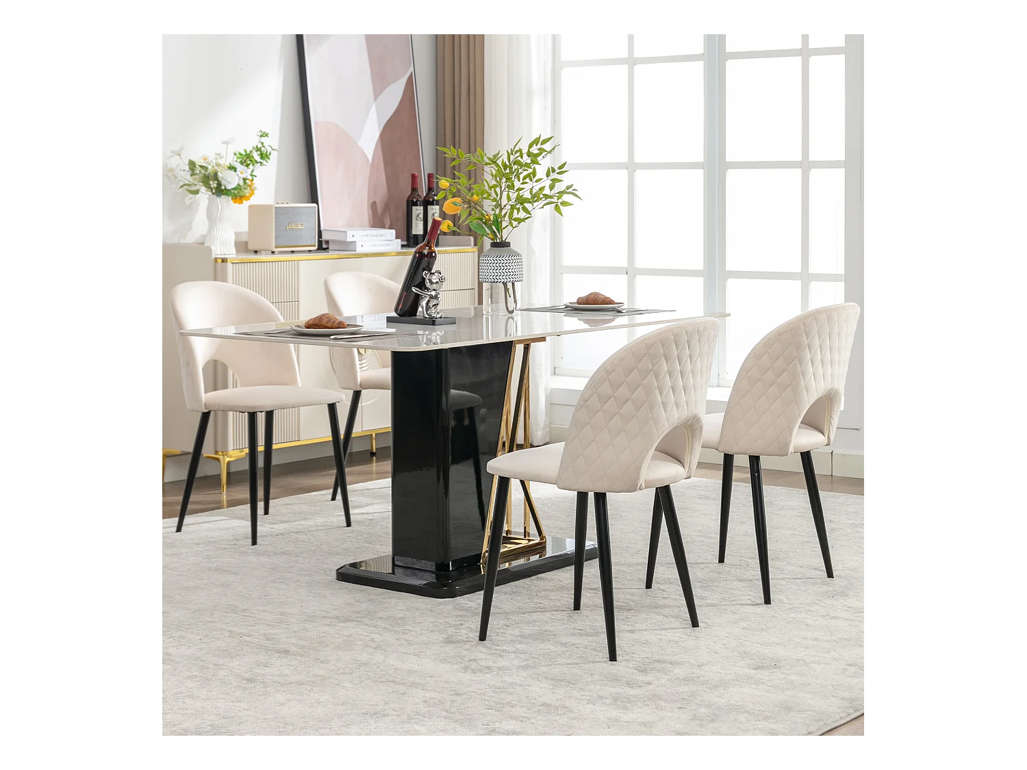 Cadeira de jantar de veludo bege com encosto e pernas ajustáveis, design diamante, para cozinha e sala de estar, conjunto de 4