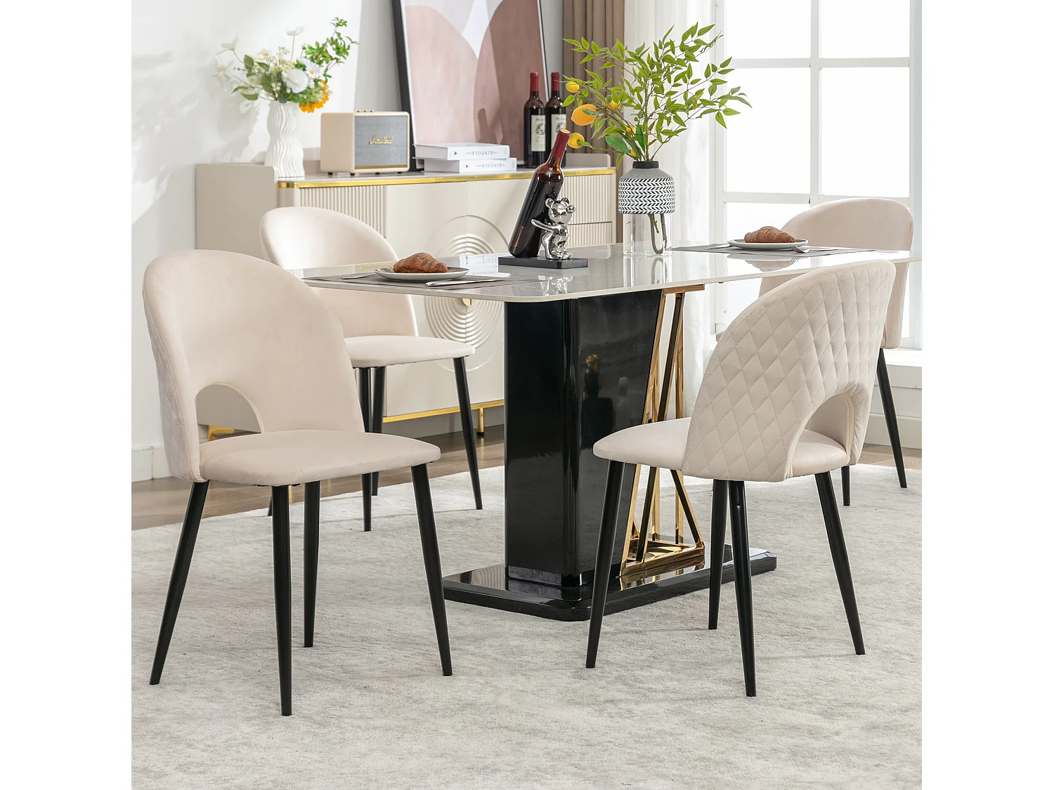 Cadeira de jantar de veludo bege com encosto e pernas ajustáveis, design diamante, para cozinha e sala de estar, conjunto de 4