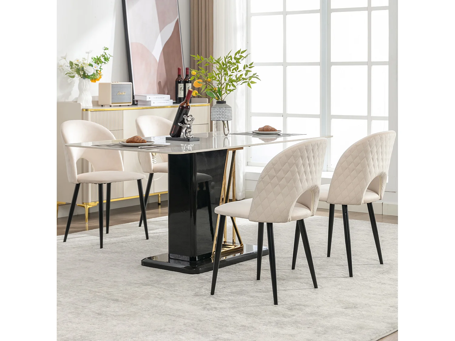 Cadeira de jantar de veludo bege com encosto e pernas ajustáveis, design diamante, para cozinha e sala de estar, conjunto de 4