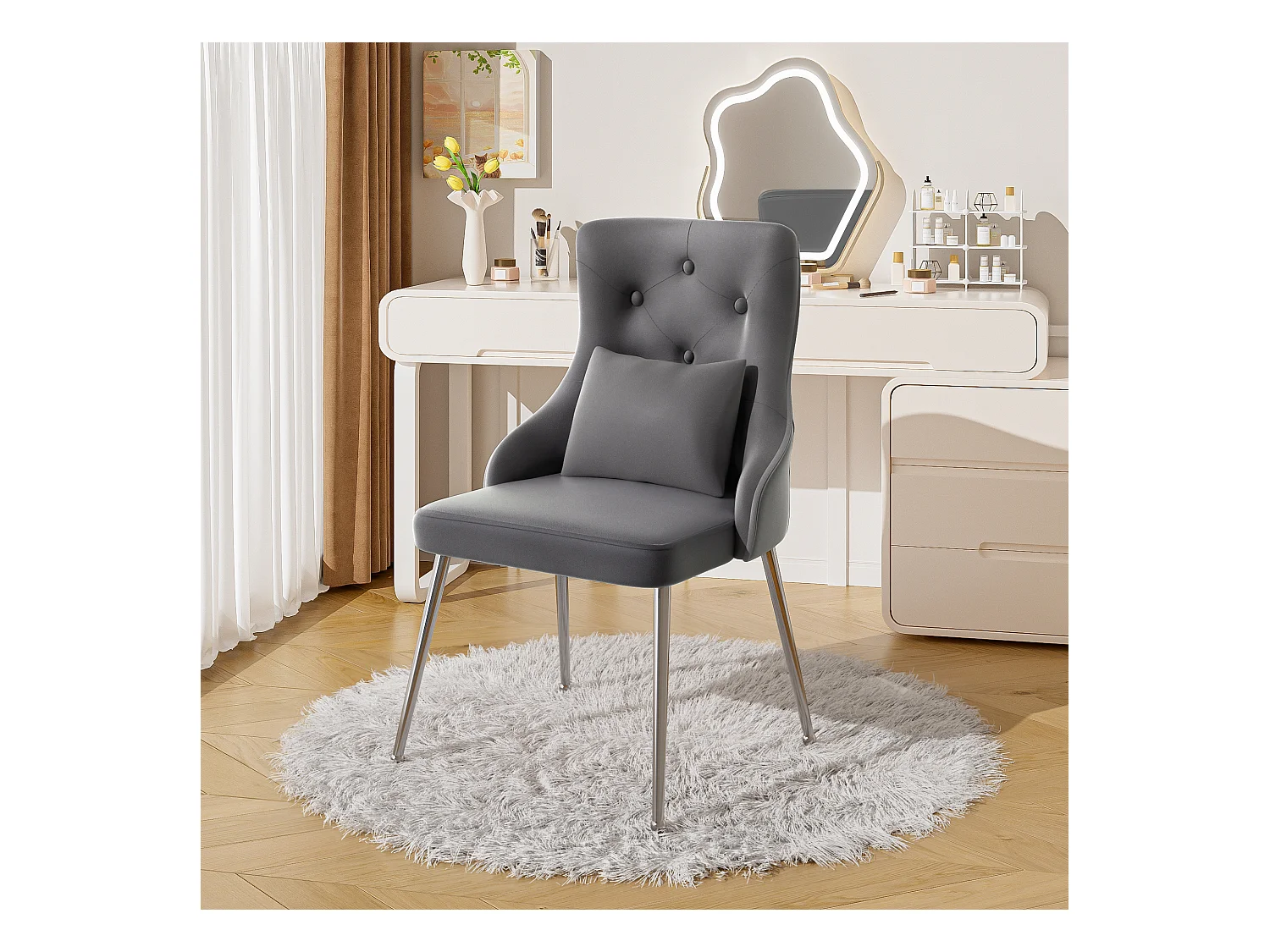 Silla de comedor de terciopelo gris con cojín lumbar y diseño moderno y patas de metal.