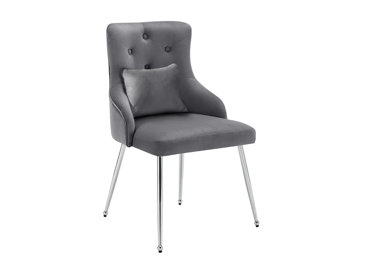 Silla de comedor de terciopelo gris con cojín lumbar y diseño moderno y patas de metal.