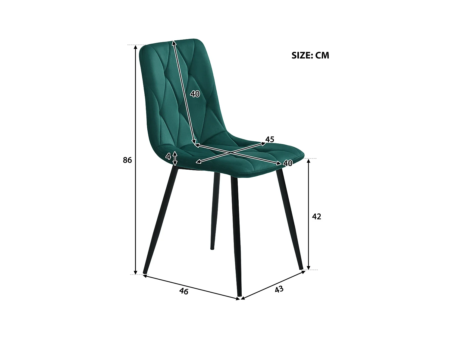 Cadeira de jantar em veludo sarja verde escuro com encosto em metal e design moderno, pernas em metal, 45x40x86 cm