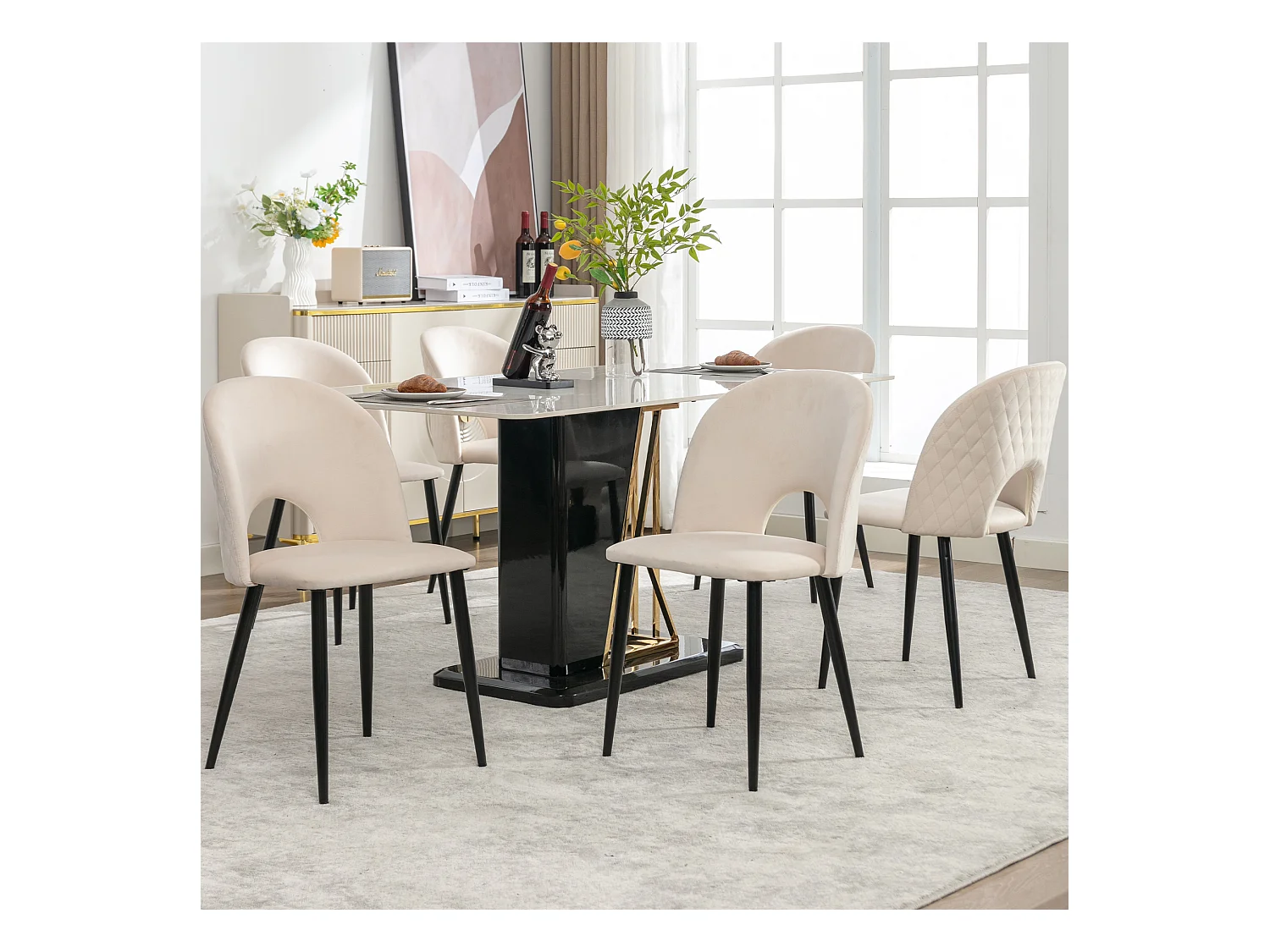 Cadeira de jantar de veludo bege com encosto e pernas ajustáveis, design de diamante, para cozinha e sala de estar, conjunto de 6