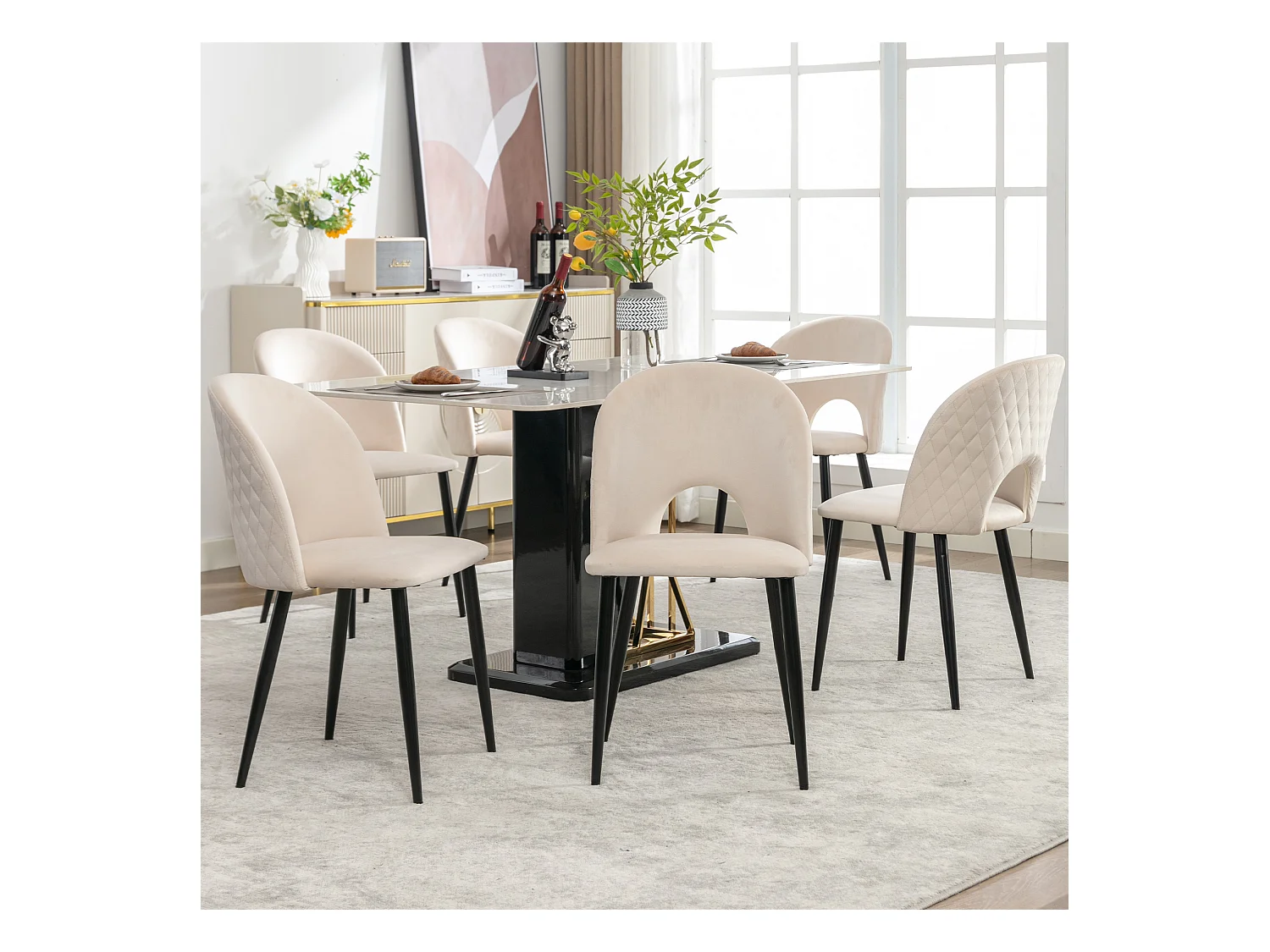 Cadeira de jantar de veludo bege com encosto e pernas ajustáveis, design de diamante, para cozinha e sala de estar, conjunto de 6