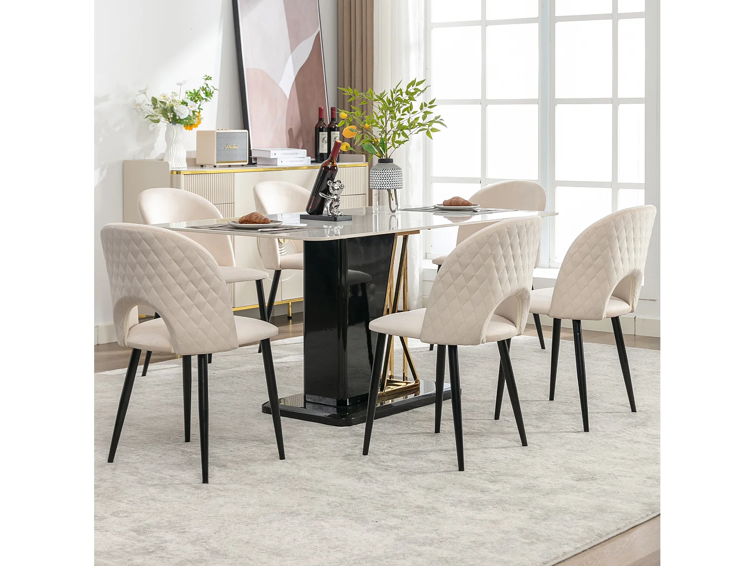 Cadeira de jantar de veludo bege com encosto e pernas ajustáveis, design de diamante, para cozinha e sala de estar, conjunto de 6