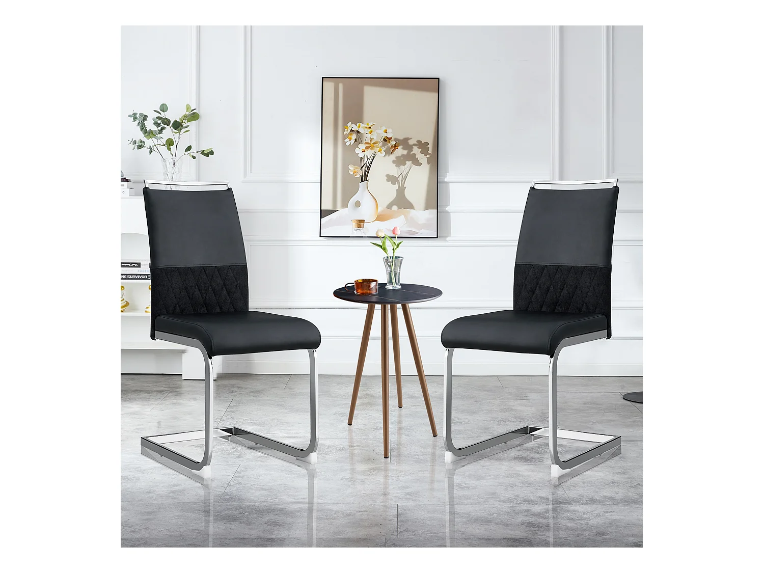 Silla moderna con respaldo alto de piel sintética y lino, asiento cómodo para comedor, cocina, color negro.