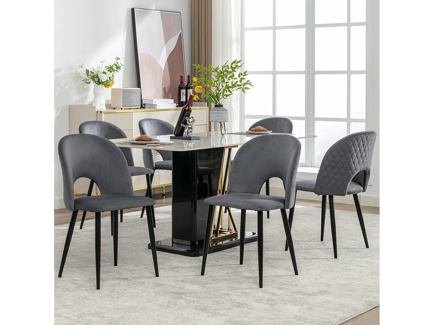 Silla de comedor de terciopelo gris con respaldo con estampado de rombos, patas de metal ajustables, diseño moderno, 47x44x84 cm, juego de 6