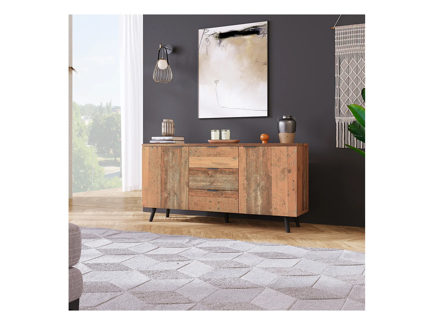 Aparador vintage em madeira MDF com armazenamento para sala de estar e cozinha 140x35x70cm 3 gavetas 2 portas marrom envelhecido