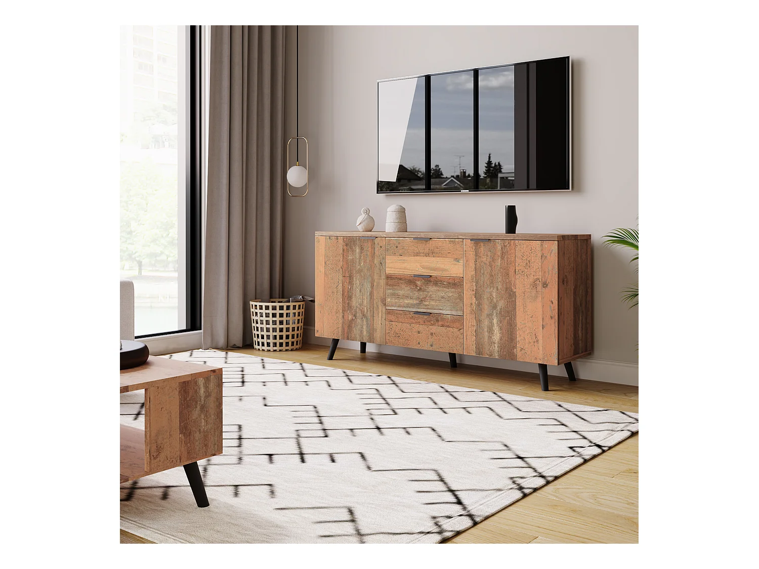 Aparador vintage em madeira MDF com armazenamento para sala de estar e cozinha 140x35x70cm 3 gavetas 2 portas marrom envelhecido