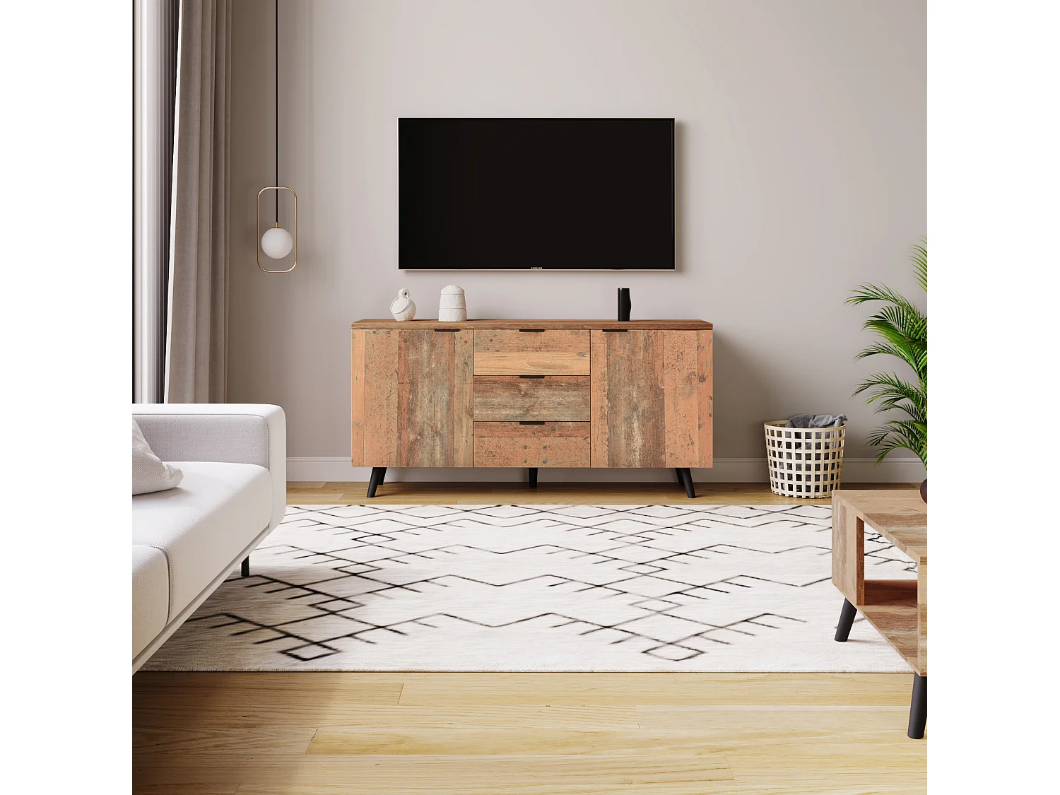 Buffet vintage bois MDF rangement salone cucina 140x35x70cm 3 cassetti 2 porte marron vieilli