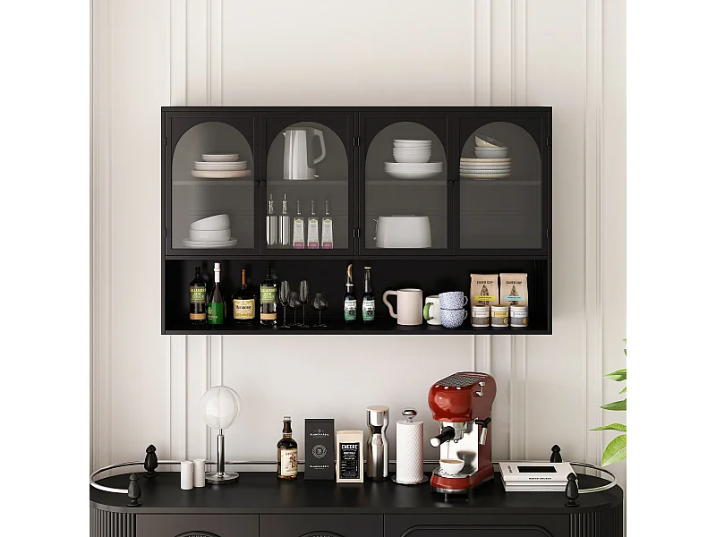Meuble murale 4 porte verre trempé métal rangement kitchen salon salle de bain noir 120x23x70 cm