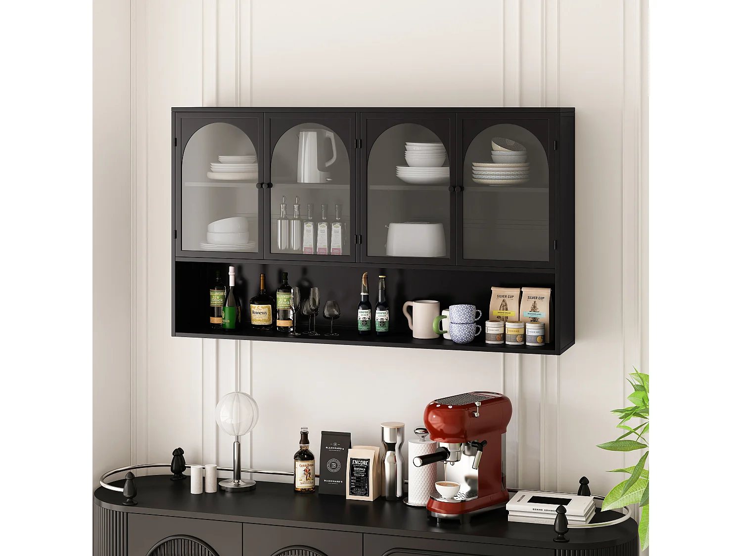 Móvel de parede com 4 portas, vidro temperado, metal, arrumação para cozinha, sala de estar, casa de banho, preto, 120 x 23 x 70 cm