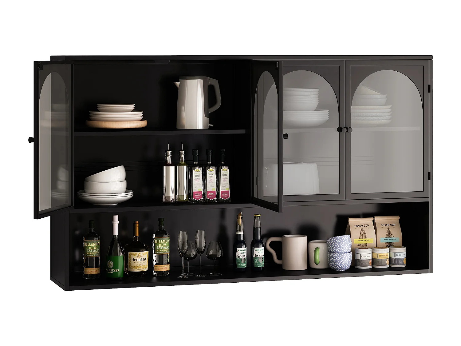 Móvel de parede com 4 portas, vidro temperado, metal, arrumação para cozinha, sala de estar, casa de banho, preto, 120 x 23 x 70 cm