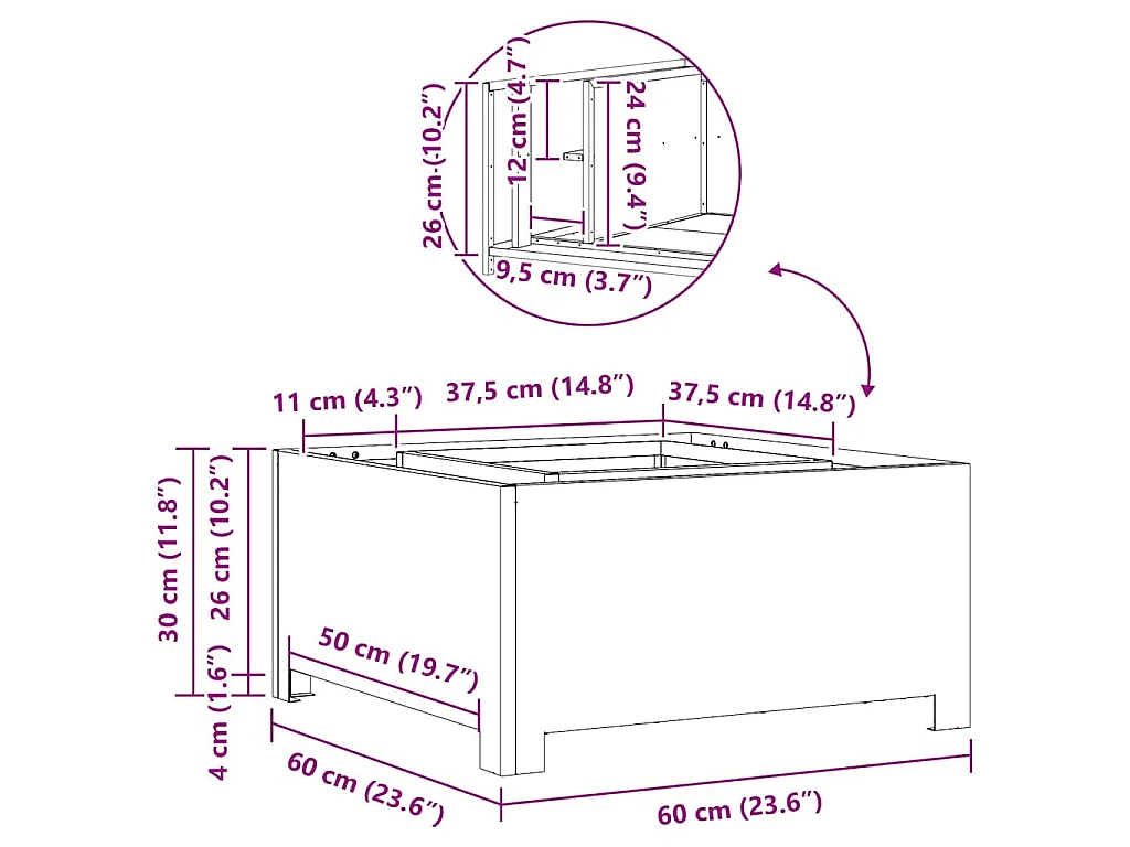 Foyer de cheminée Marron 60 x 60 x 30 cm Acier patiné