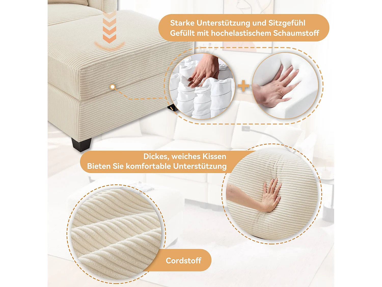 3-Sitzer L-förmiges Ecksofa umwandelbares Sofa mit Fußhocker für 3-4 Personen, für Wohnzimmer, Büro, Wohnung