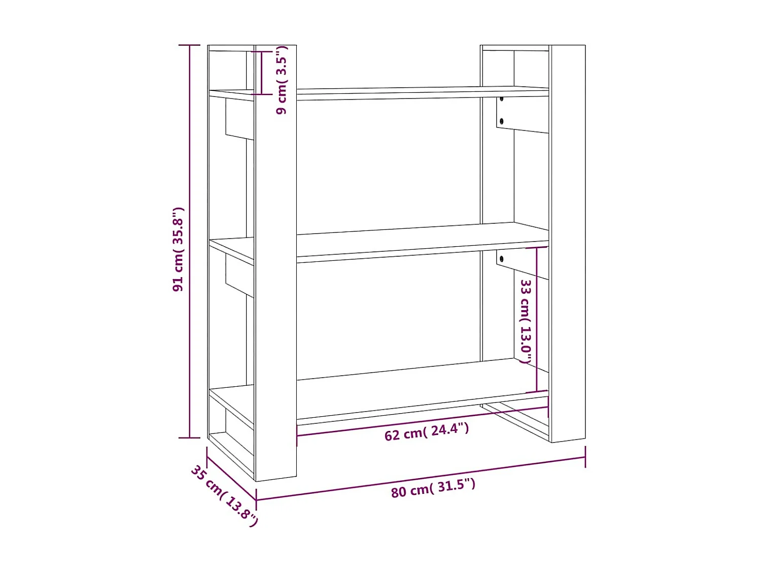 Bücherregal/Raumteiler 80 x 35 x 91 cm Massivholz Kiefer