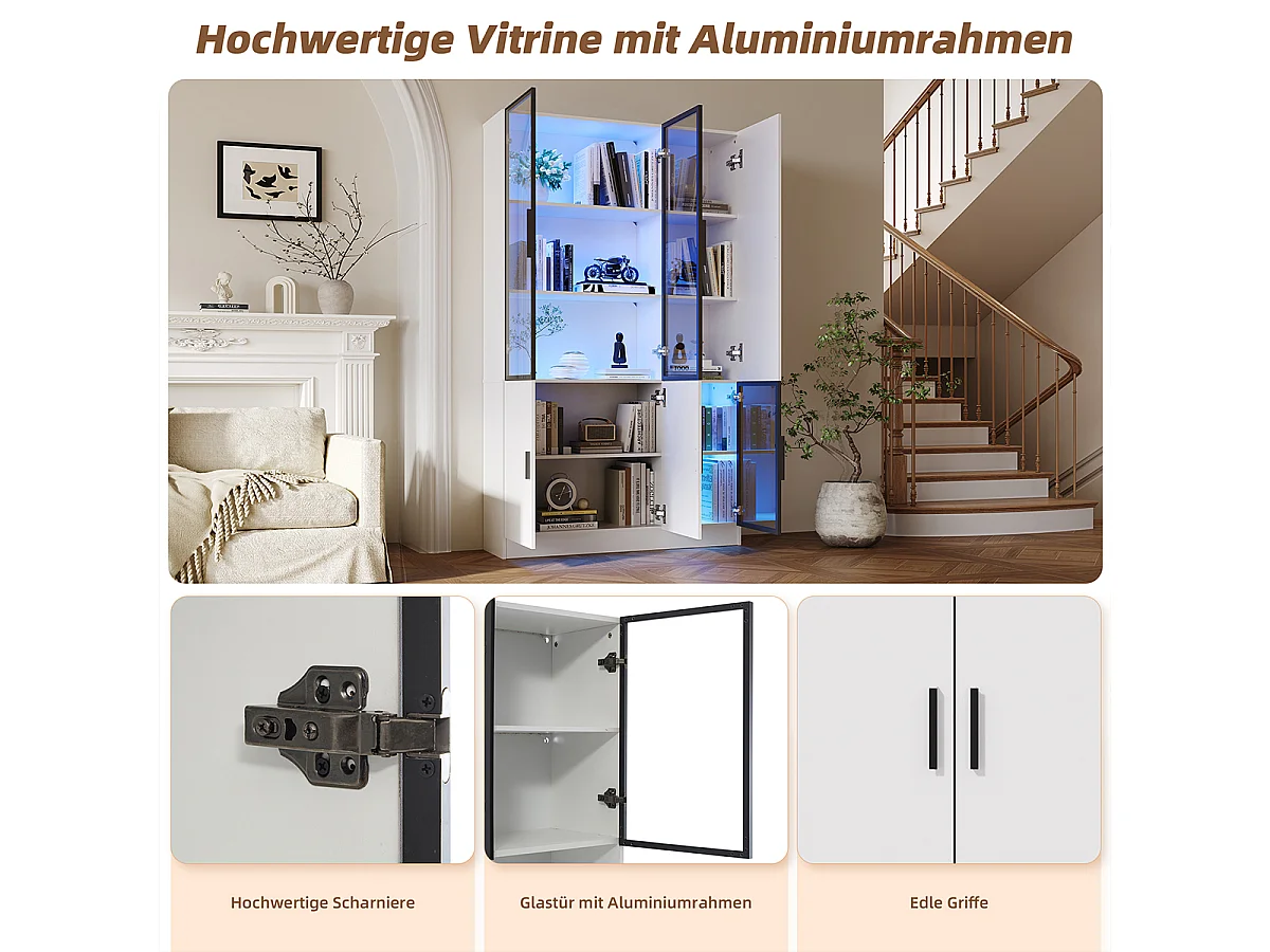 Vitrine mit LED Lichtern Glasschrank Vitrinenschrank MultiStorage Bücherregal 120*35*200cm