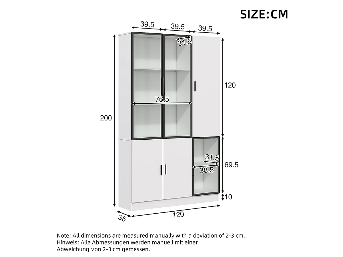 Vitrine mit LED Lichtern Glasschrank Vitrinenschrank MultiStorage Bücherregal 120*35*200cm
