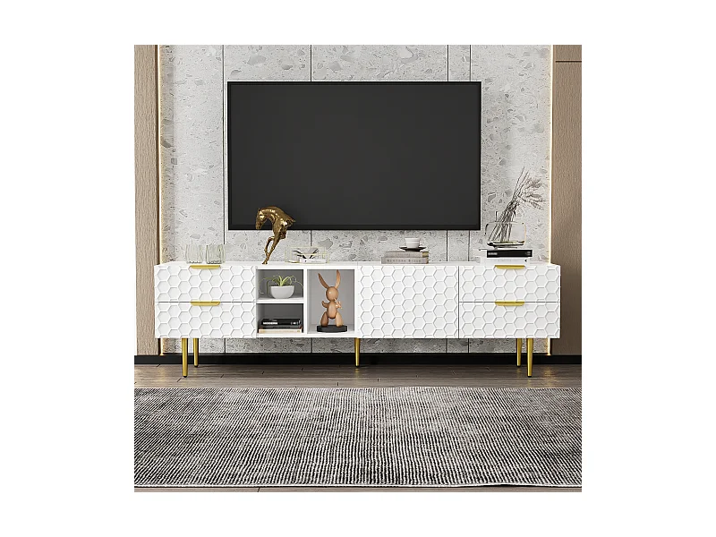 Mobile TV 170 cm pannello strutturato in MDF bianco con cassetti e piedi dorati salone moderno