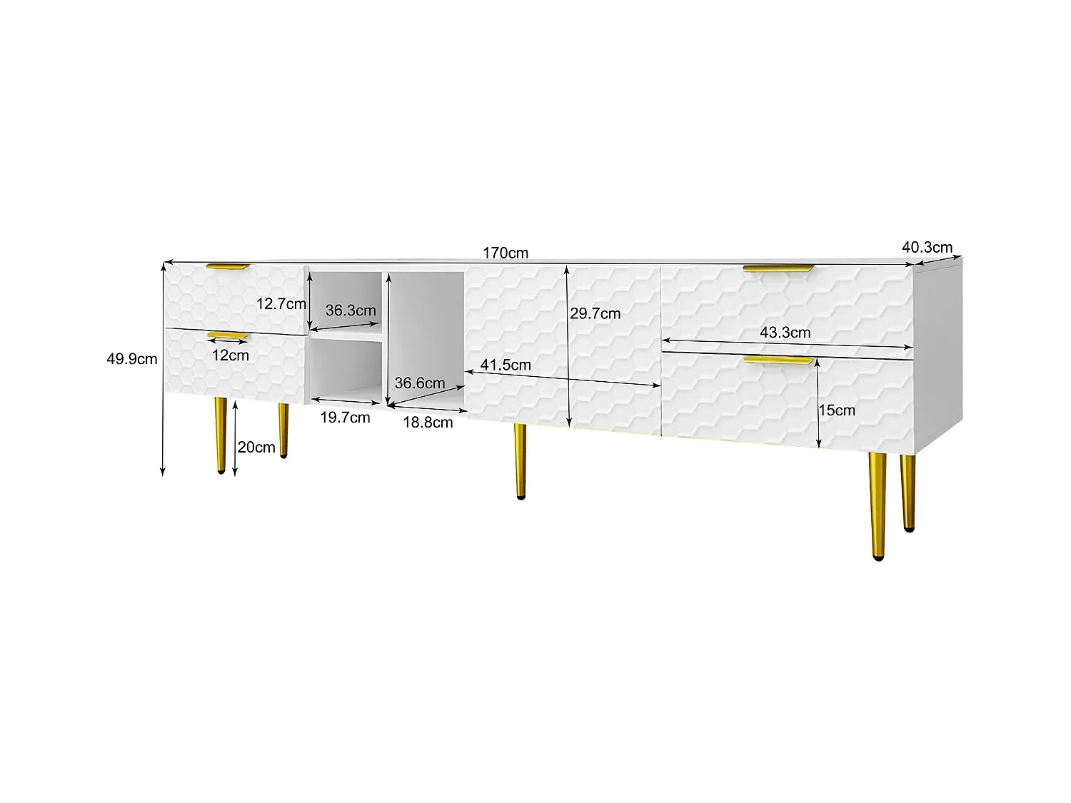 Mobile TV 170 cm pannello strutturato in MDF bianco con cassetti e piedi dorati salone moderno